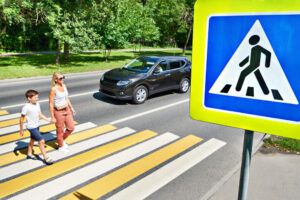 Pedestrians crossing the street in Colorado Springs, Colorado.